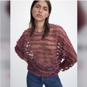 ZARA Ruffled Sheer Mauve Dusty Pink Dolman Sleeve Distressed Hem Shirt Size S